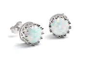 WHITE OPAL 8mm (1.5ct each} CROWN STUD EARRINGS .925 STERLING SILVER