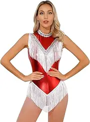 [Yhong] Women Metallic Sequin Latin Dance Leotard Fringe Salsa Samba Tango Dance Performance Costume