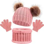[Baynetin] Winter Beanie Hat, Scarf, Gloves Set, 3 Pieces Girls Children's Winter Hat Scarf Gloves Set, Hat Warm Beanie Hat Boys Gloves Round Scarf Set for Children 1-6 Years Old