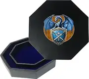 DND Dice Tray with Storage, 9.25" Octagon RPG Rolling Tray, Royal Blue Felt Lined Dice Tray with Lid (Dragon and Shield)