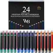 Wordsworth & Black 24 Pack Fountain Pen Ink Refills - SET OF 24 ASSORTED COLORS Ink Cartridges - International Standard Size - Length Appr 3.75 CM - Base Diameter Appr 0.6 CM - Disposable and Generic