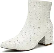 [YAYONE] Rhinestone Zipper Sparkling Ankle Boots - Glitter Pointed Toe Fashion Comfortable Shoes, Pull on Chunky Heel Western Boots
