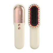 Wireless Hair Straightener Brush with Vibration Red Light-Beige