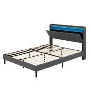 Familand LED Queen Bed Frame Storage Headboard Charging Station in Grey