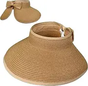 [SUN CUBE] Women Sun Visor Hat, Beach Straw Roll Up Ponytail Hat, Wide Brim Sun Hat for Women Summer UV Protection Foldable