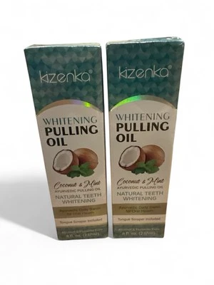 2 Pack Kizenka Whitening Pulling Oil Oral Care Coconut & Mint 8oz Each Scrapers