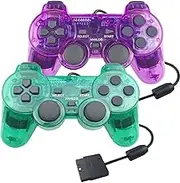 Hovlian 2 Pack PS2 Wired Controller,Double Shock Gamepad Compatible with Playstation 2 Console(Clear Green and Clear Purple)
