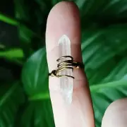 Clear Quartz Crystal Ring, Wire Wrapped, Gold, Size 6, Boho Chic Statement