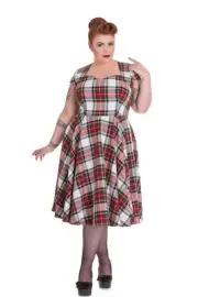 Hell Bunny Plus size 4XL, White Stewart Tartan Flare Party Dress, modern tartan