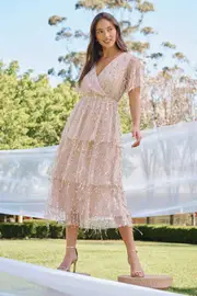 Women's Cocktail Catalina Midi Dress Short Sleeve in Rose Gold Sequin 8