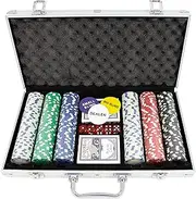 Global Gizmos 50539 Poker Set, 300 Pieces, 11.5g Chips, Includes Chips, Dice and Cards, Casino Style Portable Carry Bag, Game Night, Texas Hold'em, Blackjack and More