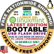 Linux MINT 20.2 USB UMA Mate 64-Bit Live Boot, Full Install MAC, PC
