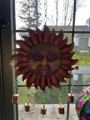 Wind Chime Large Beautiful Brass Sun Face Emerald Green Crystals