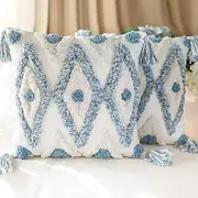 MARSAULE Set of 2 Cotton Woven Boho Throw Pillow Covers, Tufted Decorative Square Pillowcases Covers with Tassels for Couch Sofa Bed, Living Room Sofa, Farmhouse, 18x18 Inch Blue(2 pcs)