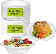 Yecerudip Disposable Paper Plates 6 inch, 12 OZ Paper Bowls, Compostable Paper Plates and Bowls, Small Paper Plates, Biodegradable Eco Friendly Bowls for Cereals, Dessert, Salad, 100 Pack, White