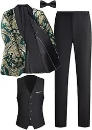 [HJQSC] Men's Suit 3-Piece Shawl Lapel Tuxedo Set | Floral Jacquard Blazer Jacket, Slim Fit Vest & Pants for Wedding Prom