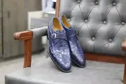 Handmade Blue Alligator Embossed Leather Monk Strap Shoes For Men’s