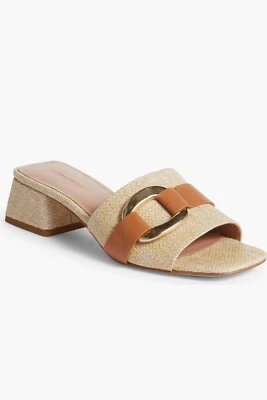 Nordstrom Birdies Slide Sandals Natural Raffia Gold Details Block Heel Size 8