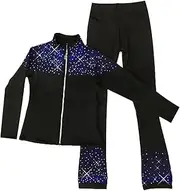 [LIUHUO] Figure Skating Training Pants Jackets Girls Fleece Shiny Colors Diamonds Comfortable Warm Black, black, Small