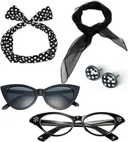 [QNPRT] 50's Costume Accessories Set Chiffon Scarf Cat Eye Glasses Bandana Tie Headband and Earrings