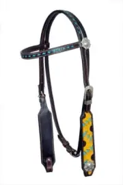 Western Brown Leather Browband Headstall With Carved Sunflower And Buckstitch