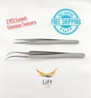 2 PCS Eyelash Extension Tweezers Straight & Curved Tweezers Set Stainless Steel
