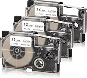 Absonic Replace Label Tape for Casio XR-12WE XR-12WE2S Label Cartridge for KL-60 KL-100 KL-120 KL-750 KL-750B KL-780 KL-820 KL-7000 KL-7200 KL-8100 EZ-Label Printer, 1/2" x 26', Black on White, 3-Pack