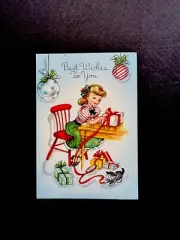 1 VTG Unused Xmas Greeting Card Pretty Young Lady Wrapping Presents W/ Her Cat