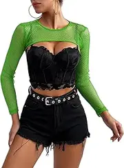 [American Trends] Women Fishnet Crop Top Long Sleeve Mesh Tops See Though Sheer Shirt Rave Outfits