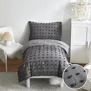 4 Pieces Tufted Dots Toddler Bedding Set Solid Grey Jacquard Pom Pom Tufts, Soft and Embroidery Shabby Chic Boho Design for Baby Boys, Includes Comforter, Flat Sheet, Fitted Sheet and Pillowcase