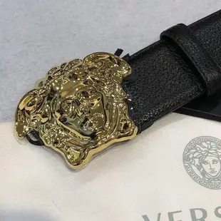 VERSACE 凡賽斯 黑標皮帶 亮面金色