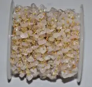Pink gemstone chips beads rosary chain, Gold plated jewelry making body chain