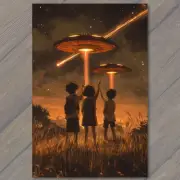 FLATCARD UFO Spaceships Hovering Over Children in Retro Sci-Fi Desert UPA Alien