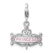 Sterling Silver Amore La Vita Rhodium-Plated Polished Pink Cz Enameled Princess Charm With Fancy Lobster Clasp