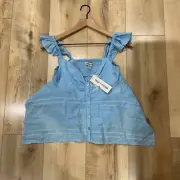 Urban Outfitters Womens Blue Stripped Button Front Cropped Blouse Top Size Small