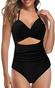 [Generic] Bikini Ruffles Sexy Cut Out Swimsuit with Waistband High Waist Front Swimsuit Striped Swimsuit (Black, XXL)