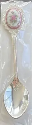 Vintage Teaspoon Silver Spoon Porcelain Enamel Flowers In Original Package