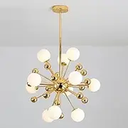 Antique Brass Milk Glass Chandelier,Mid Century Modern Ceiling Light Fixture Gold Farmhouse Large Pendant Light,Fixture Globe Flush Mount Ceiling Light Milk Glass Ball Chandelier (Gold,11-Lights)