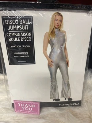 Women’s Disco Jumpsuit Silver Adult Costume Cosplay 1 Piece Large 10-12 New