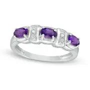 Sideways Oval Amethyst and Natural Diamond Accent Three Stone Station Ring in Sterling Silver