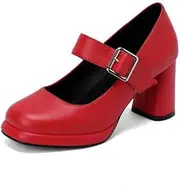 [IKOFLYE] Lady Round Toe Block Chunky Heels Platform Vegan Lether Shoes Comfort Wedding Bridal Pumps Black