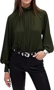 [SUNNOW] Womens Mossy Umber Turtleneck Long Sleeve Top in Chiffon Semi-Sheer Blouse Casual Shirt, Army Green, Small