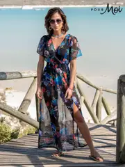 Pour Moi Black Short Sleeve Chiffon Wrap Maxi Kaftan (B12049) | $104