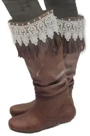 Western Women Boot Toppers Pair Long Brown Faux Leather Fringes Bohemian Lace
