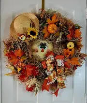 Happy Scarecrow Wreath Complete with Hat and Fall Foliage. 25" Across, Free Ship