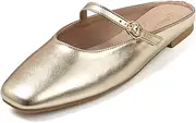[qibusleen] Women's Leather Dress Mules Flats Backless Gold Slip On Shoes for Women Closed Square Toe Comfortable Casual Mary Jane Flat Mules with Strap