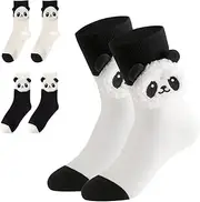 [CATOR] 2 Pairs 3D Plush Panda Decor Socks for Women, Korean Funny Animal Head, Cotton, Crew, Unisex, Cardboard Socks for Women, Black/White, One Size