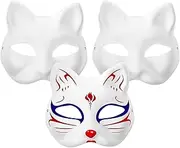NUOBESTY 3 Pcs Cat Face Mask Unfinished Cat Masks Japanese Fox Mask Half Face Cosplay Masks DIY Masks Kids Face Mask Plain Animal Masks Unpainted Fox Masks Vintage White Child Half Face Cat