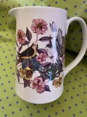 Grace's Teaware Porcelain 32 oz PITCHER White w/ Parakeets & Flowers NEW