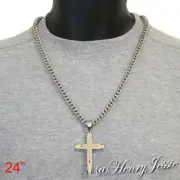 24"Stainless Steel 6mm Silver Cuban Curb Box Link Chain Necklace Cross Pendant*A
